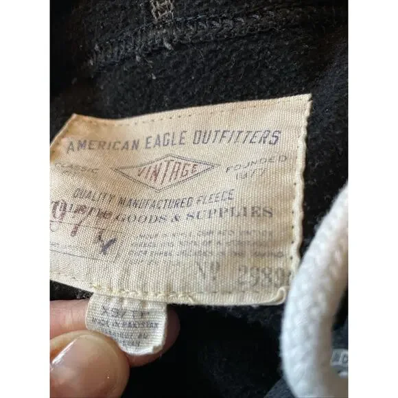 Y2K Vtg American Eagle Hoodie Men M Black Pullover Distressed Logo Fleece 1977 - Picture 8 of 8